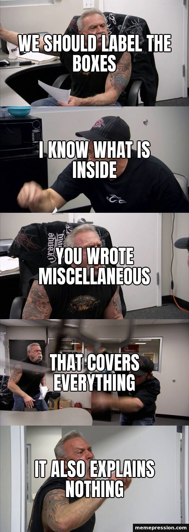 American Chopper Argument meme: We should label the boxes / I know what is inside / You wrote miscellaneous / That covers everything / It also explains nothing