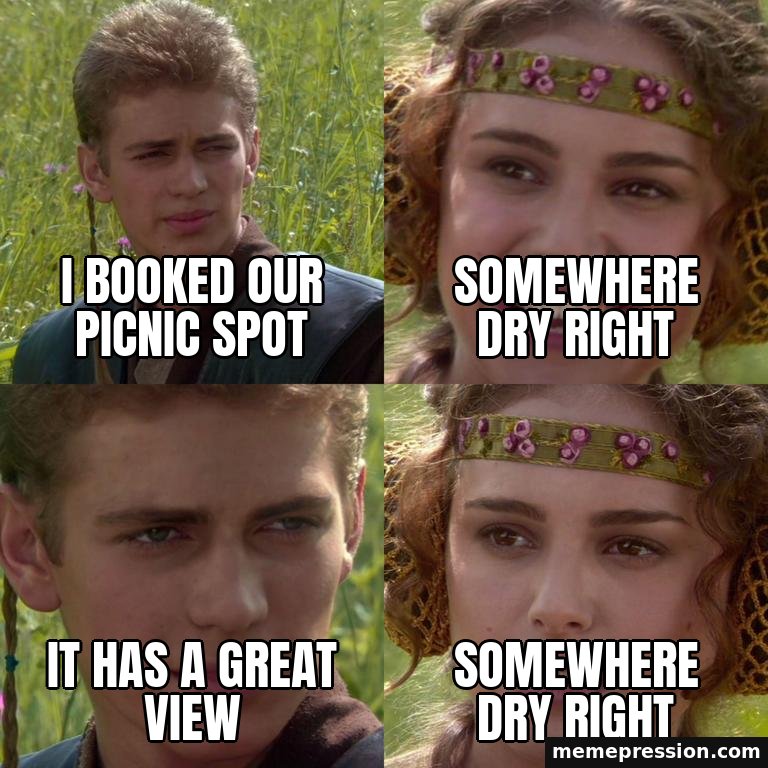 Anakin Padmé Four-Panel meme: I booked our picnic spot / Somewhere dry right / It has a great view / Somewhere dry right