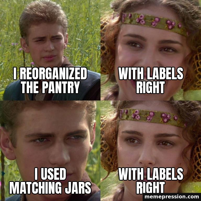 Anakin Padmé Four-Panel meme: I reorganized the pantry / With labels right / I used matching jars / With labels right