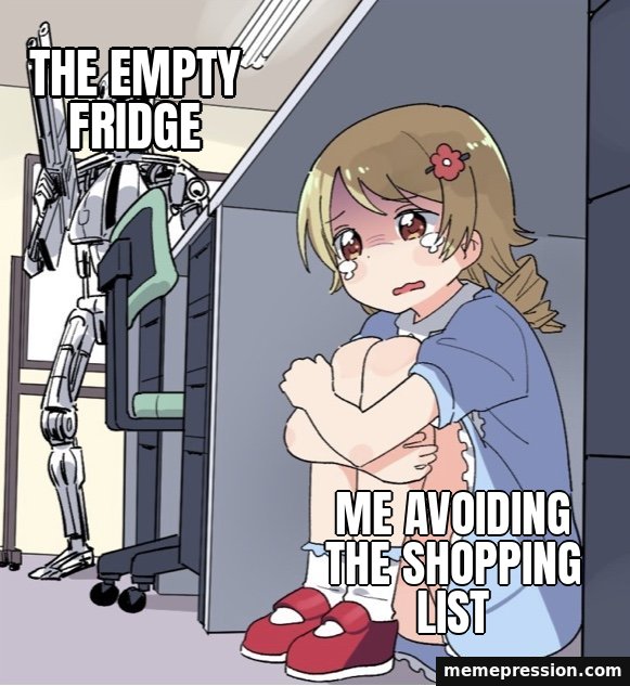 Anime Girl Hiding from Terminator meme: The empty fridge / Me avoiding the shopping list