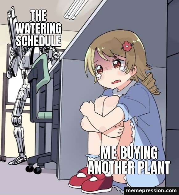 Anime Girl Hiding from Terminator meme: The watering schedule / Me buying another plant