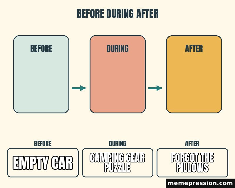 Before During After meme: Empty car / Camping gear puzzle / Forgot the pillows