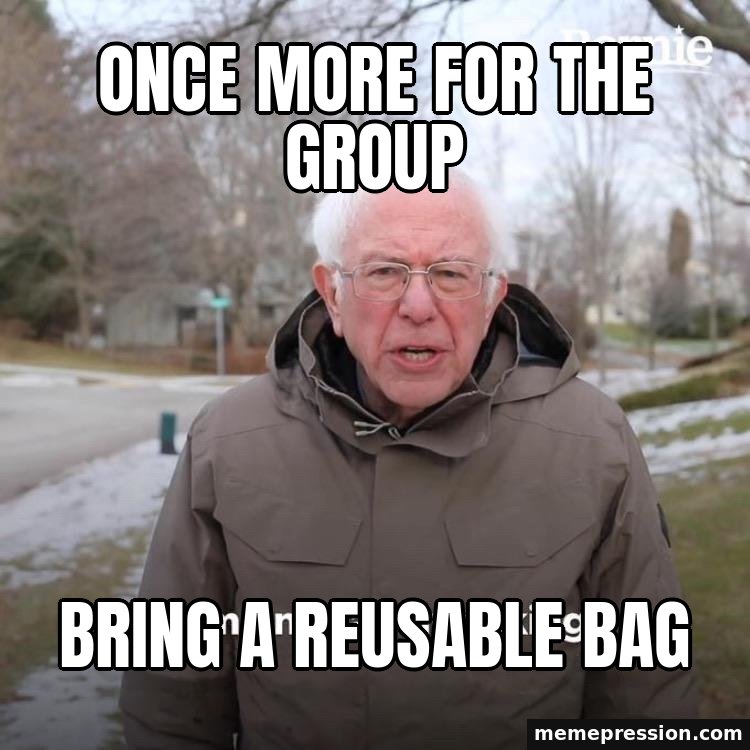 Bernie I Am Once Again Asking For Your Support meme: Once more for the group / Bring a reusable bag