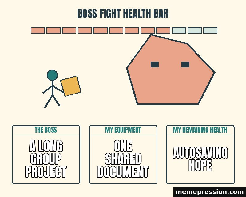 Boss Fight Health Bar meme: A long group project / One shared document / Autosaving hope