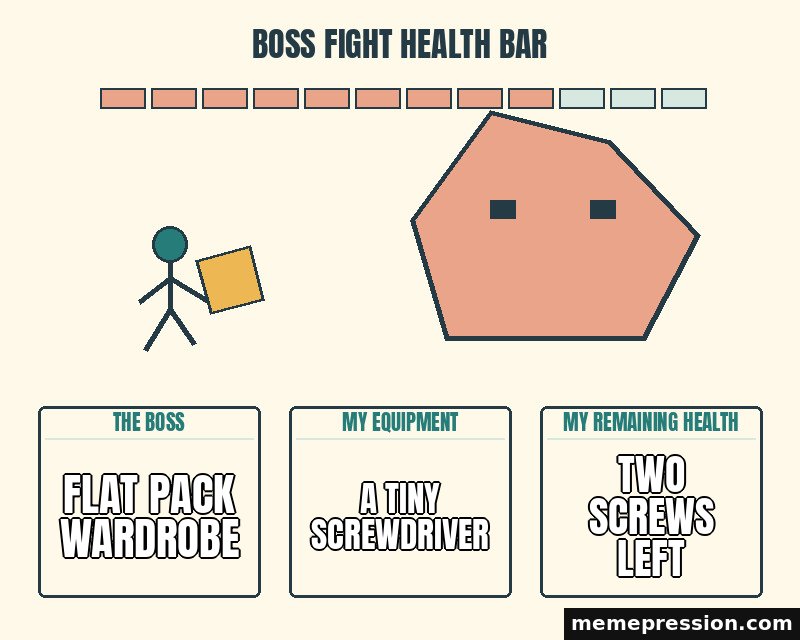 Boss Fight Health Bar meme: Flat pack wardrobe / A tiny screwdriver / Two screws left