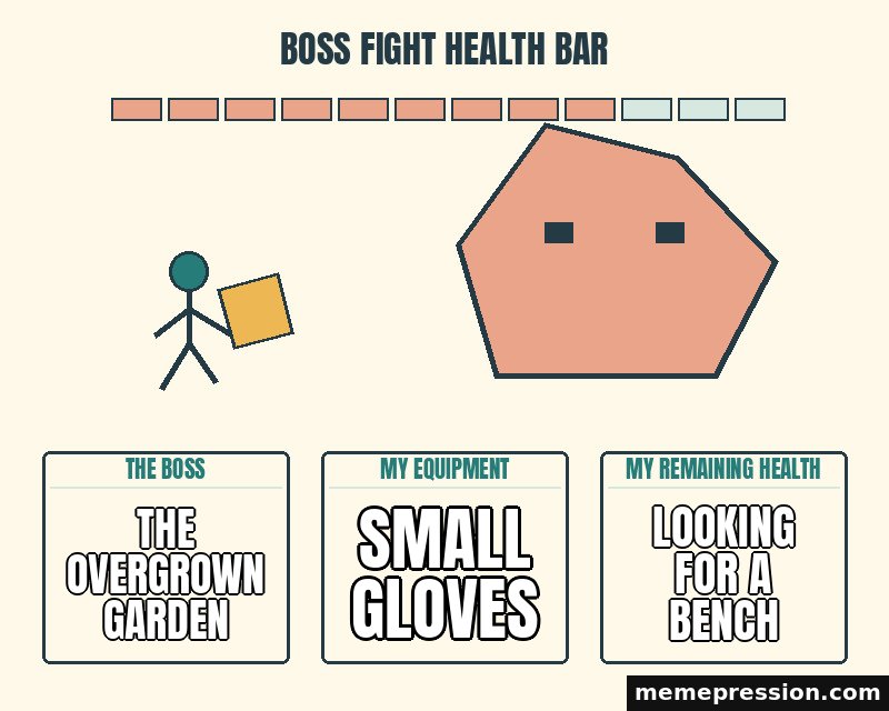 Boss Fight Health Bar meme: The overgrown garden / Small gloves / Looking for a bench