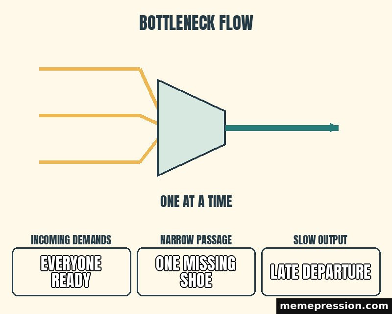 Bottleneck Flow meme: Everyone ready / One missing shoe / Late departure