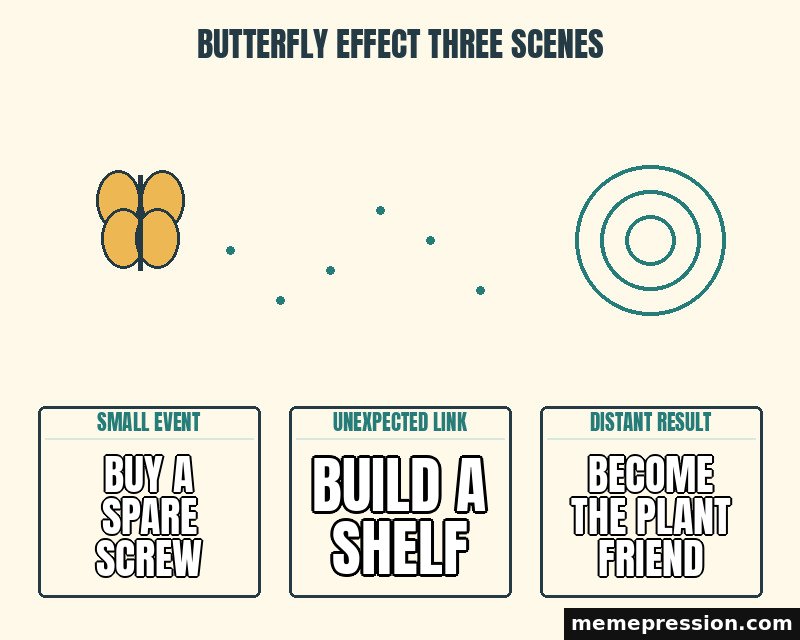 Butterfly Effect Three Scenes meme: Buy a spare screw / Build a shelf / Become the plant friend