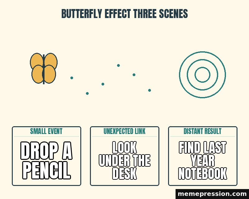 Butterfly Effect Three Scenes meme: Drop a pencil / Look under the desk / Find last year notebook