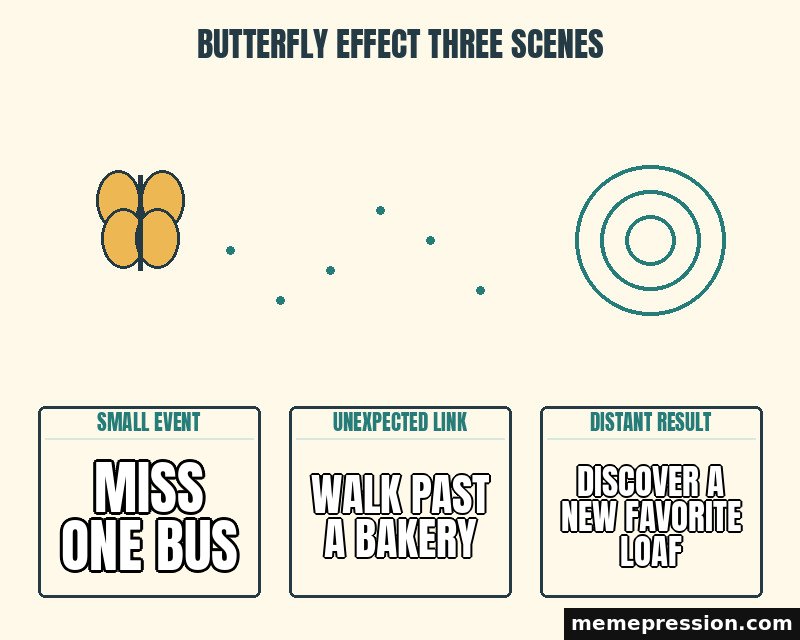 Butterfly Effect Three Scenes meme: Miss one bus / Walk past a bakery / Discover a new favorite loaf