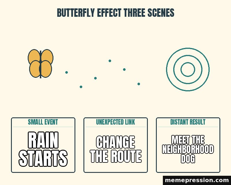 Butterfly Effect Three Scenes meme: Rain starts / Change the route / Meet the neighborhood dog