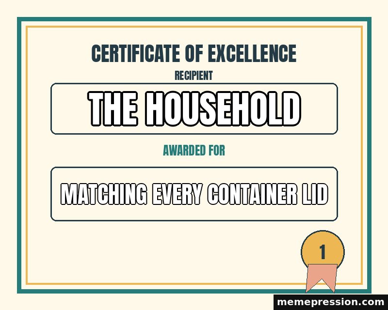 Certificate of Small Excellence meme: The household / Matching every container lid