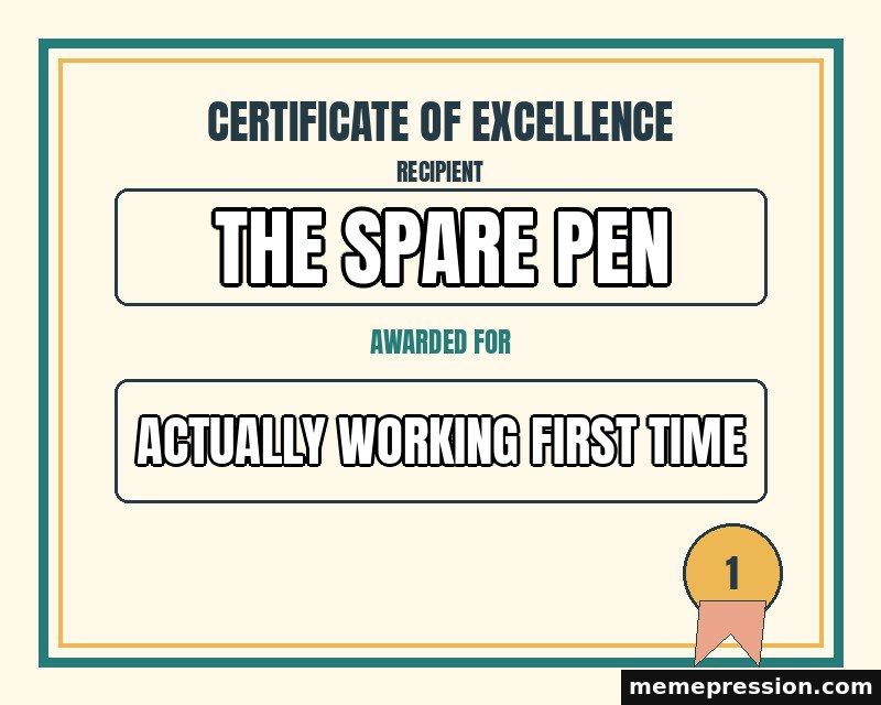 Certificate of Small Excellence meme: The spare pen / Actually working first time