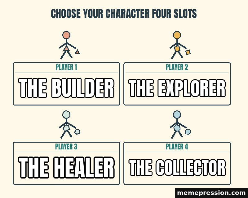 Choose Your Character Four Slots meme: The builder / The explorer / The healer / The collector