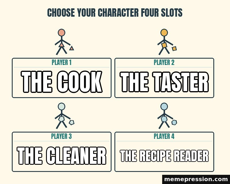 Choose Your Character Four Slots meme: The cook / The taster / The cleaner / The recipe reader