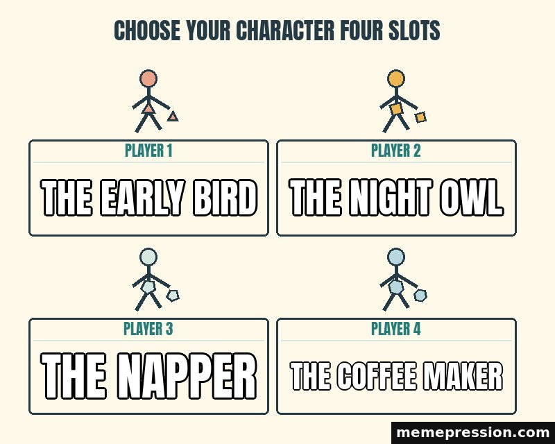 Choose Your Character Four Slots meme: The early bird / The night owl / The napper / The coffee maker