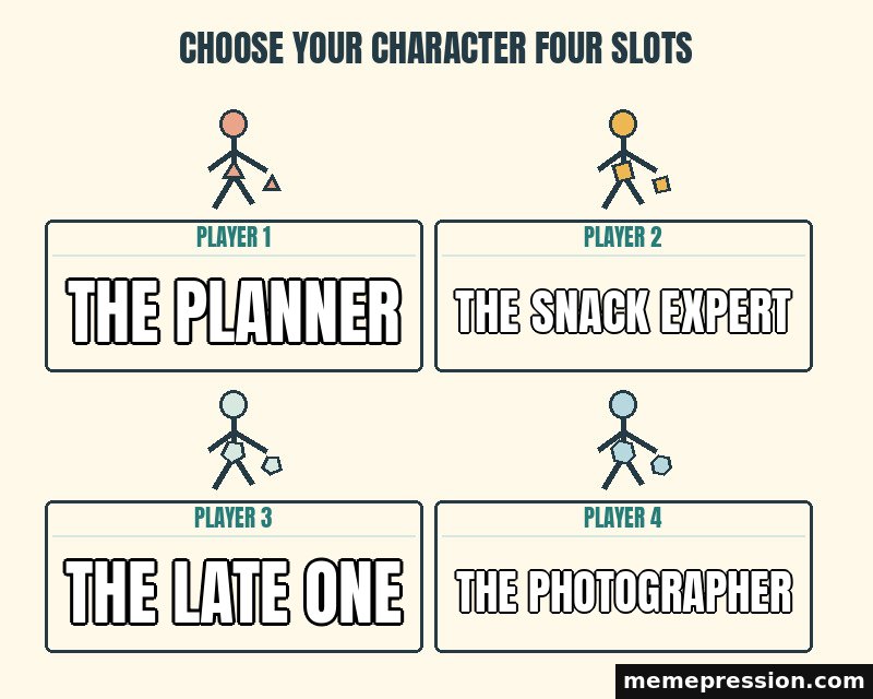 Choose Your Character Four Slots meme: The planner / The snack expert / The late one / The photographer