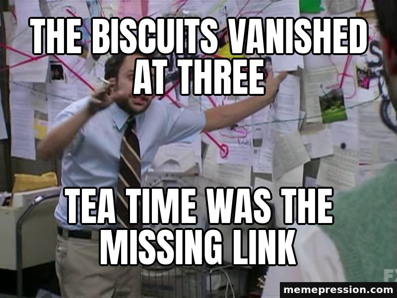 Charlie Conspiracy (Always Sunny) meme: The biscuits vanished at three / Tea time was the missing link