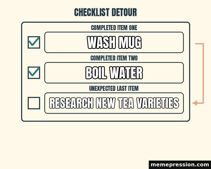 Checklist Detour meme: Wash mug / Boil water / Research new tea varieties