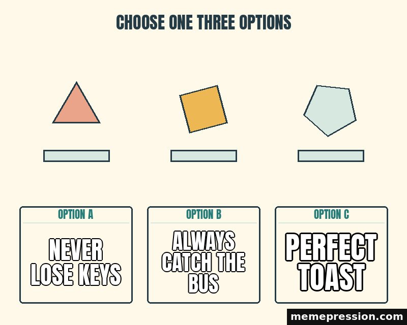 Choose One Three Options meme: Never lose keys / Always catch the bus / Perfect toast