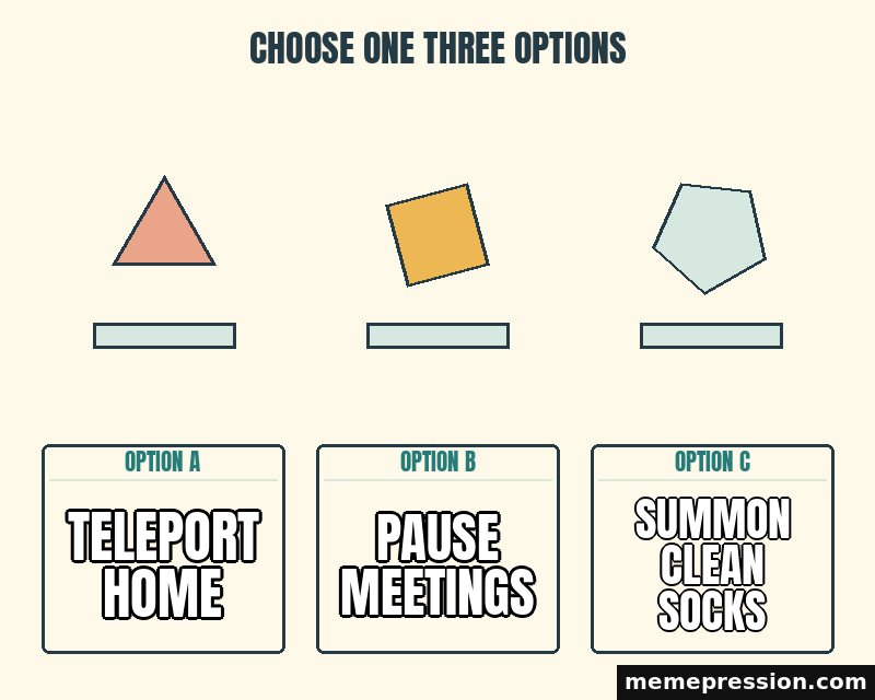 Choose One Three Options meme: Teleport home / Pause meetings / Summon clean socks