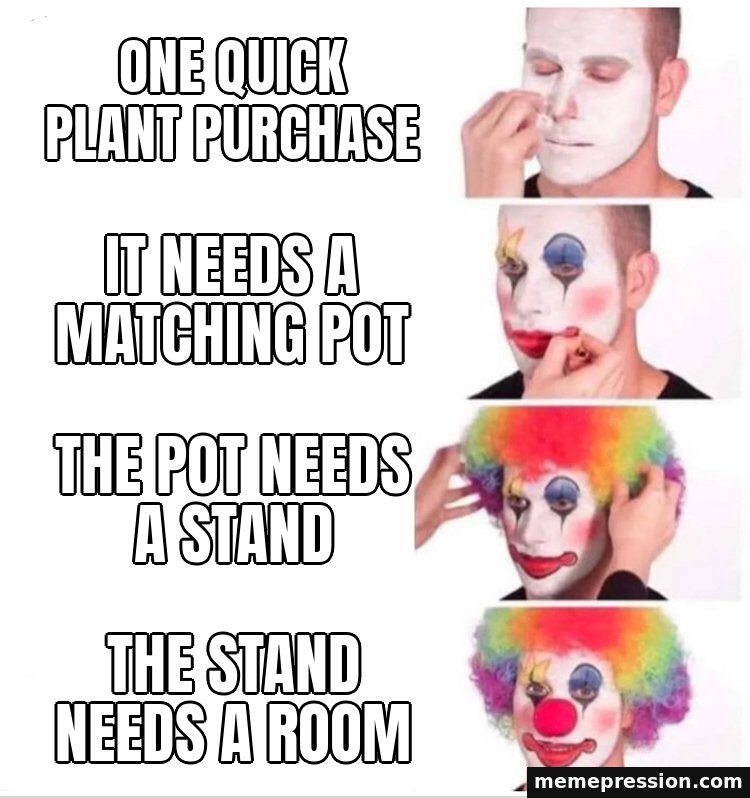 Clown Applying Makeup meme: One quick plant purchase / It needs a matching pot / The pot needs a stand / The stand needs a room