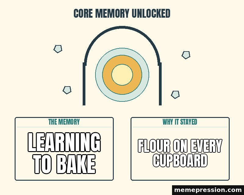 Core Memory Unlocked meme: Learning to bake / Flour on every cupboard