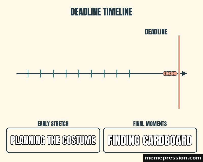 Deadline Crunch meme: Planning the costume / Finding cardboard