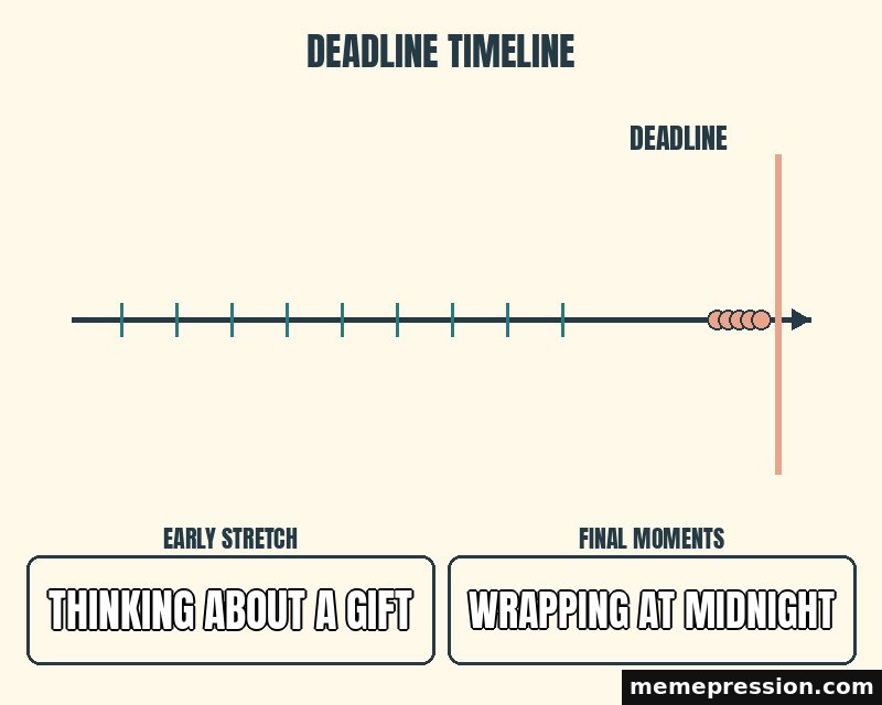 Deadline Crunch meme: Thinking about a gift / Wrapping at midnight