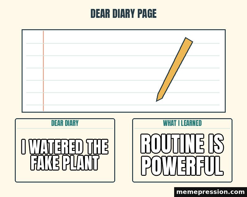 Dear Diary Page meme: I watered the fake plant / Routine is powerful
