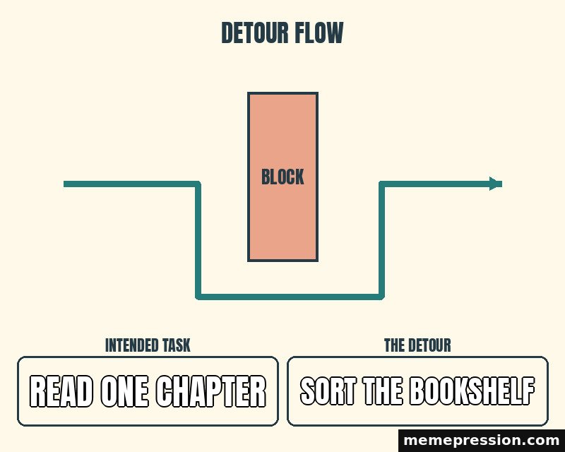 Detour Route meme: Read one chapter / Sort the bookshelf
