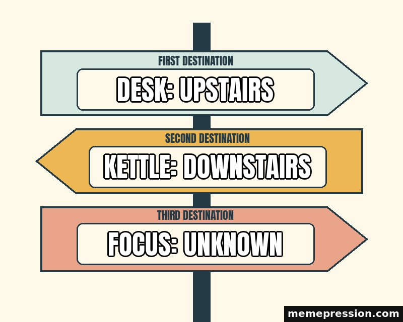 Distance Signpost meme: Desk: upstairs / Kettle: downstairs / Focus: unknown