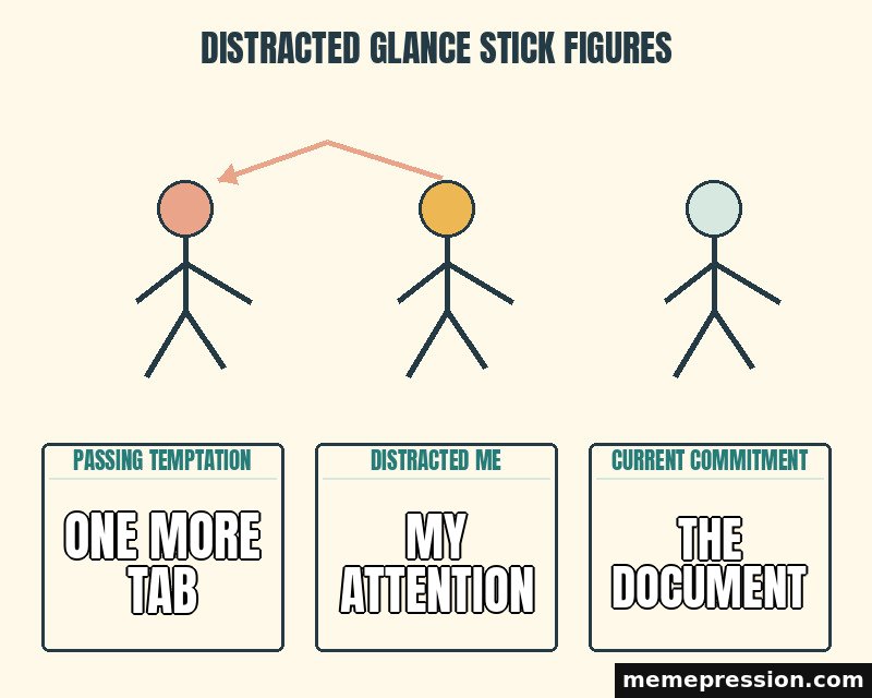 Distracted Glance Stick Figures meme: One more tab / My attention / The document