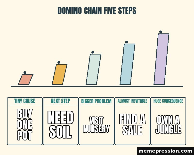 Domino Chain Five Steps meme: Buy one pot / Need soil / Visit nursery / Find a sale / Own a jungle