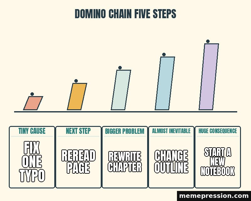 Domino Chain Five Steps meme: Fix one typo / Reread page / Rewrite chapter / Change outline / Start a new notebook