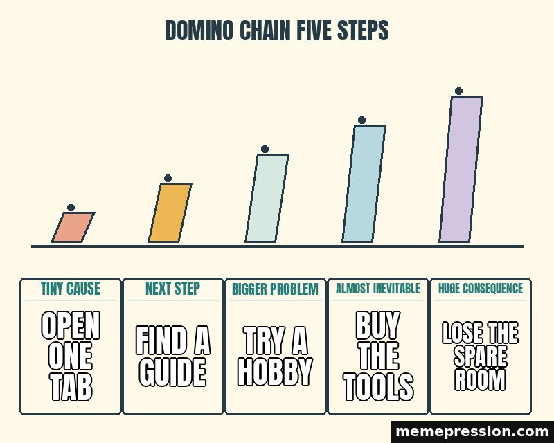 Domino Chain Five Steps meme: Open one tab / Find a guide / Try a hobby / Buy the tools / Lose the spare room