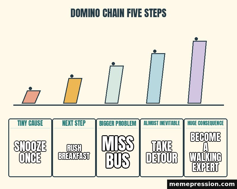 Domino Chain Five Steps meme: Snooze once / Rush breakfast / Miss bus / Take detour / Become a walking expert