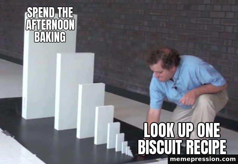 Domino Effect meme: Spend the afternoon baking / Look up one biscuit recipe