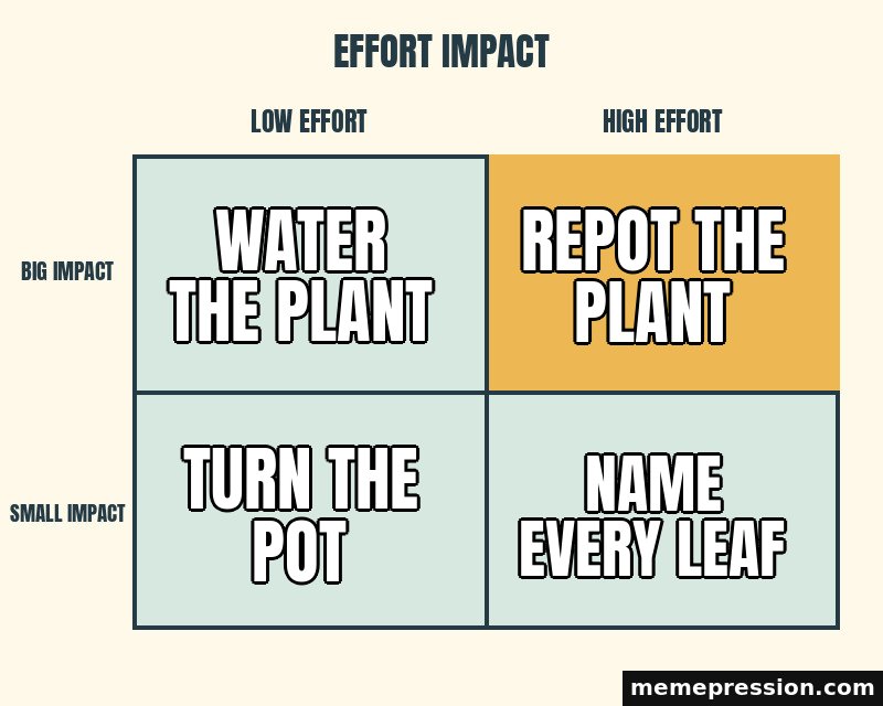 Effort Impact Grid meme: Water the plant / Repot the plant / Turn the pot / Name every leaf