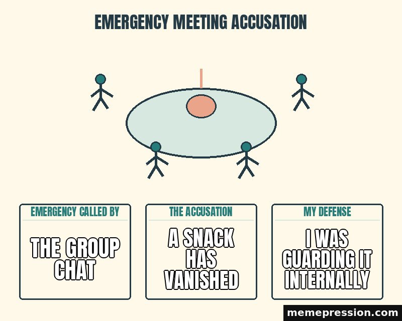 Emergency Meeting Accusation meme: The group chat / A snack has vanished / I was guarding it internally