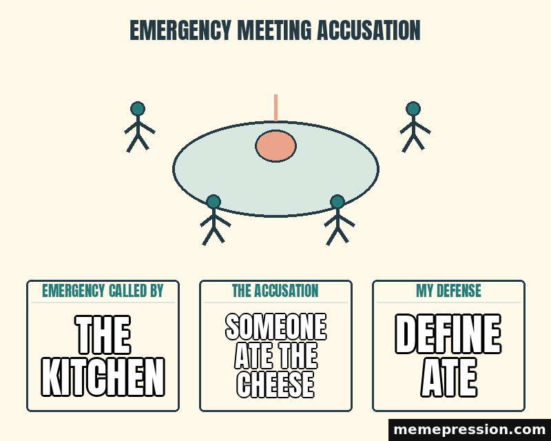 Emergency Meeting Accusation meme: The kitchen / Someone ate the cheese / Define ate