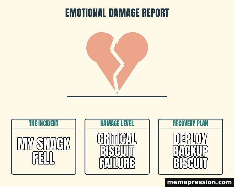 Emotional Damage Report meme: My snack fell / Critical biscuit failure / Deploy backup biscuit