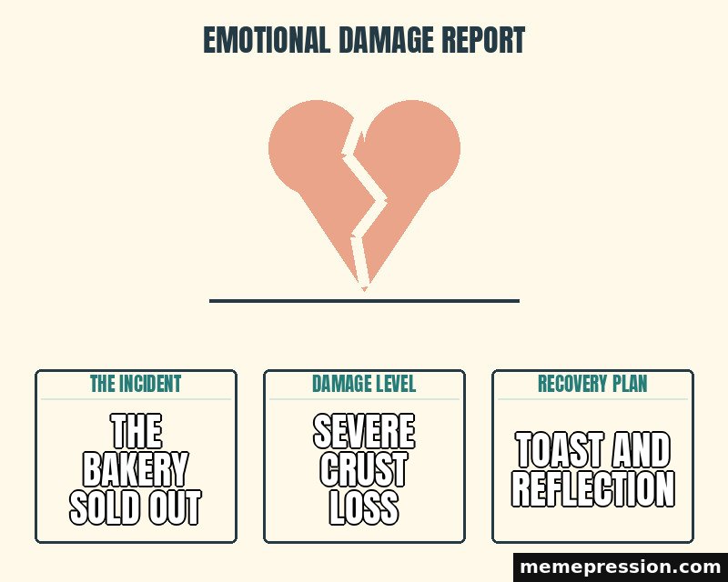 Emotional Damage Report meme: The bakery sold out / Severe crust loss / Toast and reflection