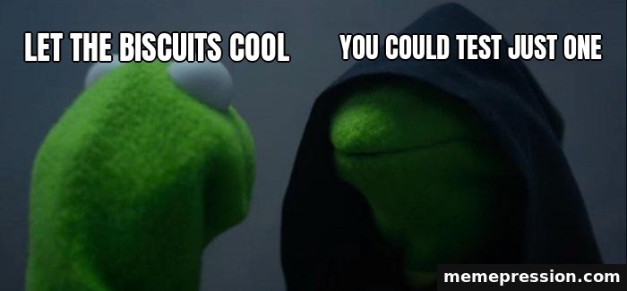 Evil Kermit meme: Let the biscuits cool / You could test just one
