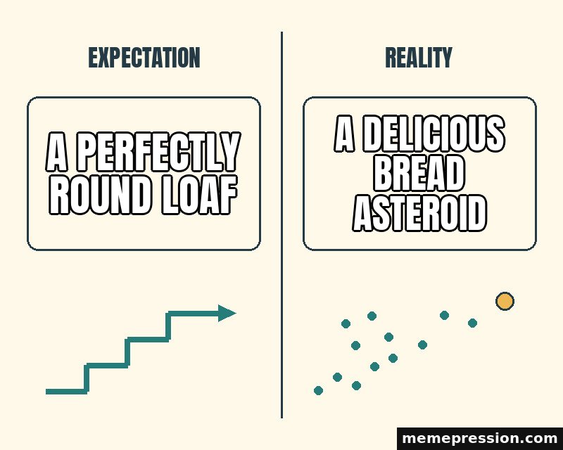 Expectation vs Reality meme: A perfectly round loaf / A delicious bread asteroid