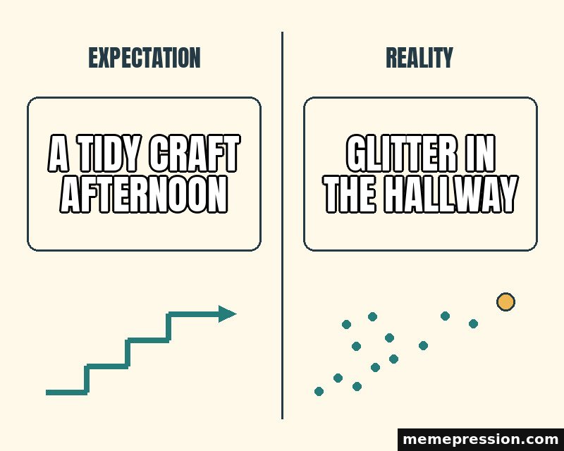 Expectation vs Reality meme: A tidy craft afternoon / Glitter in the hallway