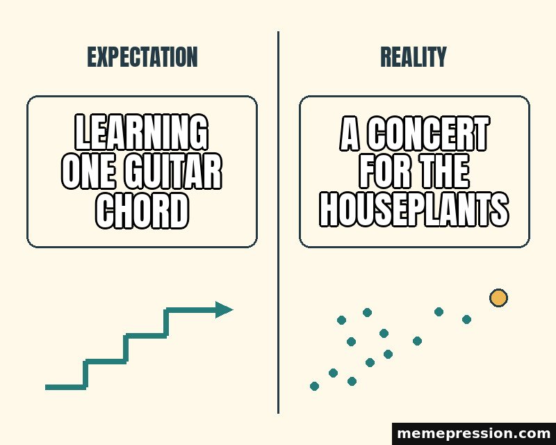 Expectation vs Reality meme: Learning one guitar chord / A concert for the houseplants