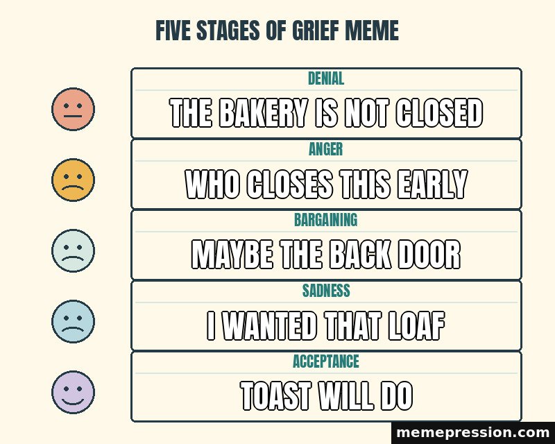 Five Stages of Grief Meme meme: The bakery is not closed / Who closes this early / Maybe the back door / I wanted that loaf / Toast will do
