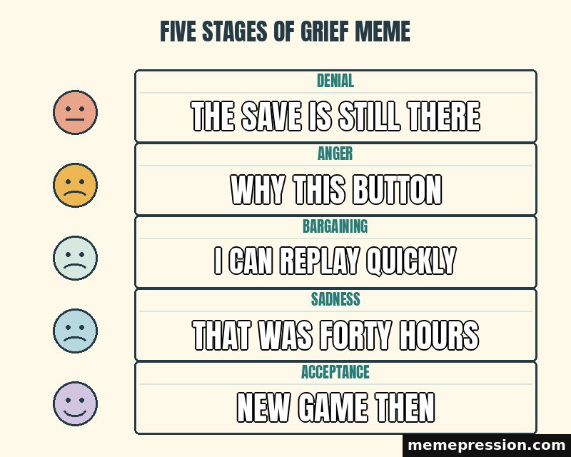 Five Stages of Grief Meme meme: The save is still there / Why this button / I can replay quickly / That was forty hours / New game then