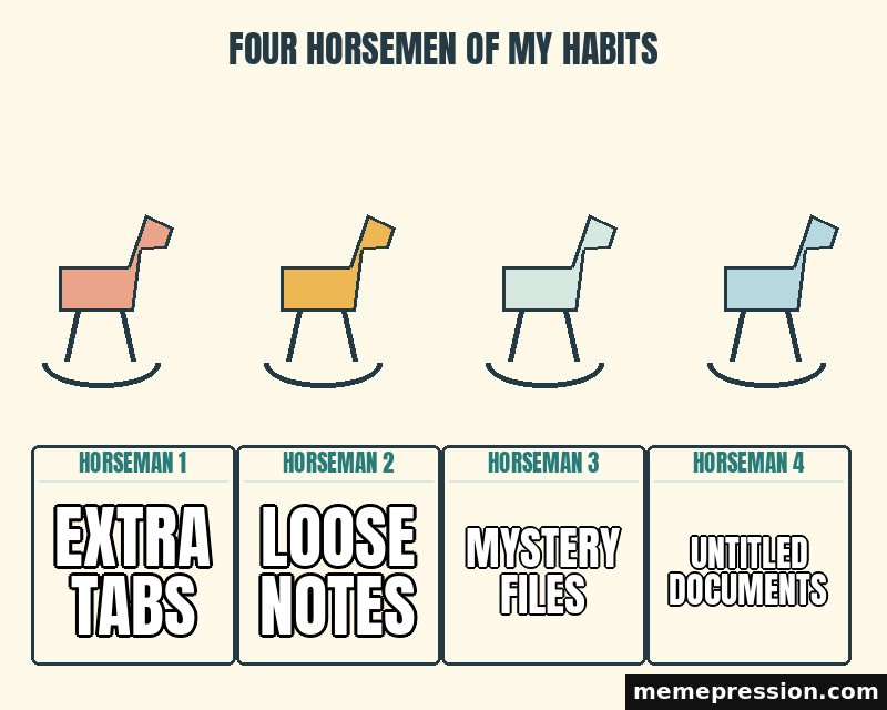 Four Horsemen of My Habits meme: Extra tabs / Loose notes / Mystery files / Untitled documents